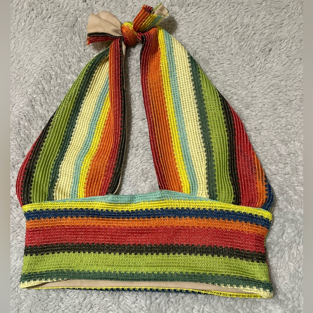 Colorful Striped Halter Top Size Small Boho Festival Y2K Crop